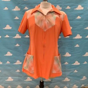Vintage 70s Orange Plaid Zip Up Collar Short Sleeve Top
